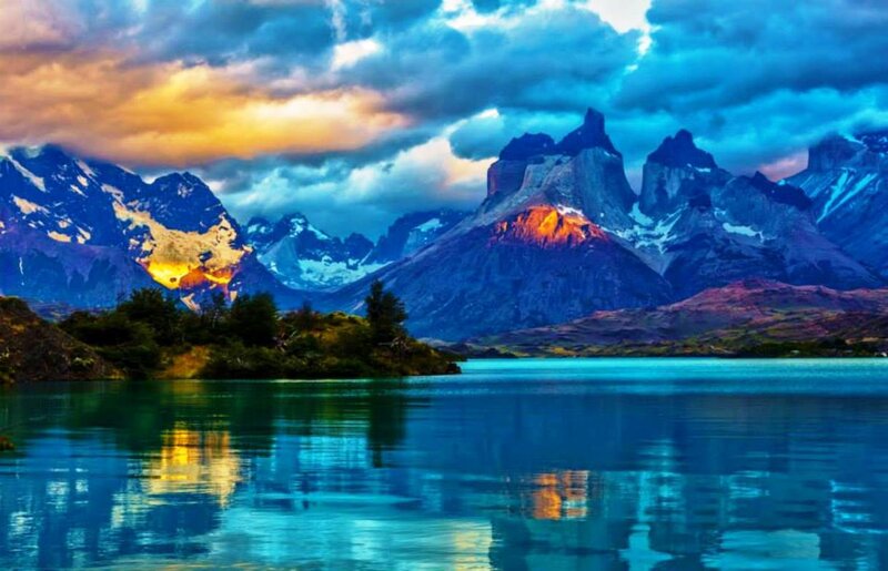 Mountain Range at Sunset — Blue, Dramatic, Photograph, Lake, Clouds