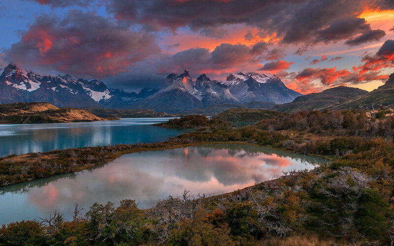 Mountain Range at Sunset — Blue, Dramatic, Photograph, Lake, Clouds, Trees, Snow