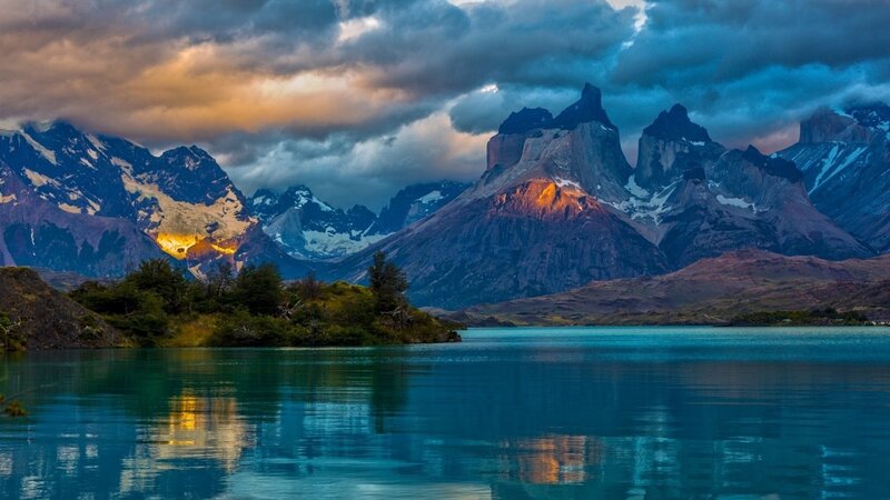 Mountain Range at Sunset — Blue, Dramatic, Photograph, Lake, Clouds, Trees