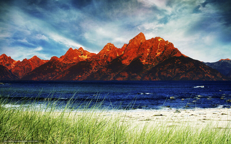 Mountain Range at Sunset — Blue, Dramatic, Photograph, Lake, Grass