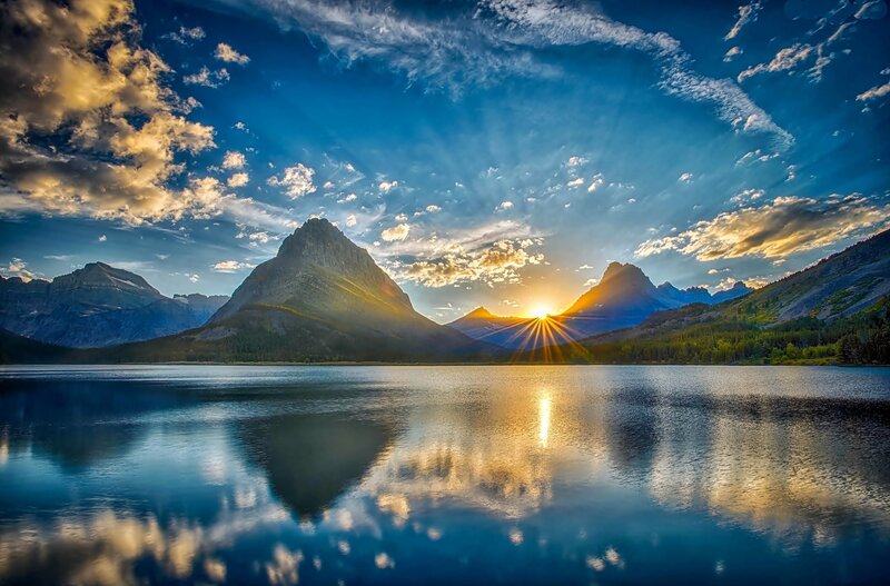Mountain Range at Sunset — Blue, Dramatic, Photograph, Lake, Sun