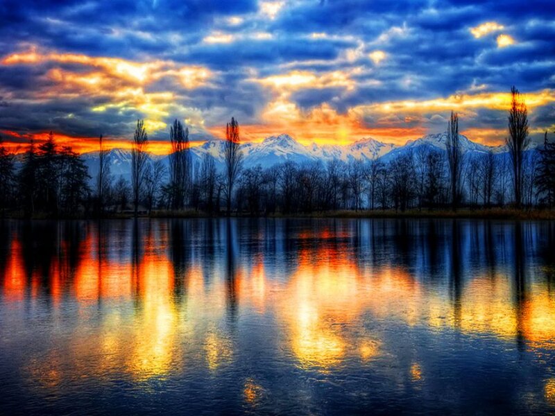 Mountain Range at Sunset — Blue, Dramatic, Photograph, Mountains, Trees