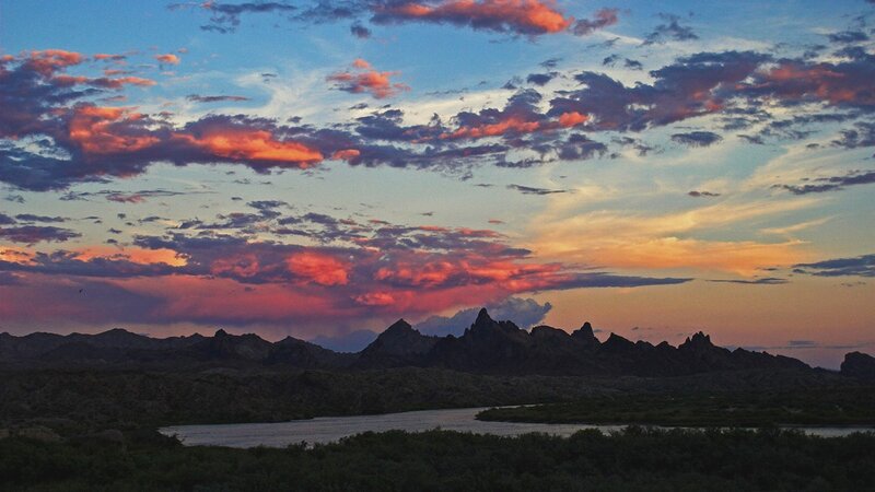 Mountain Range at Sunset — Blue, Dramatic, Photograph, Sky, Clouds, River