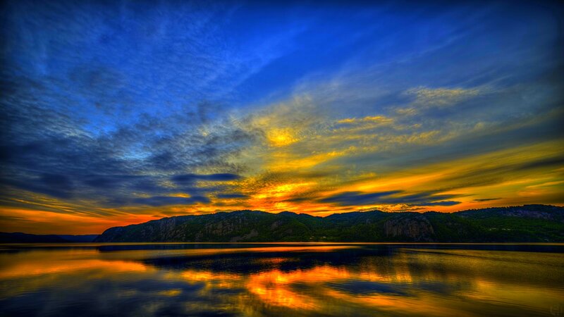 Mountain Range at Sunset — Blue, Dramatic, Photograph, Sky, Water