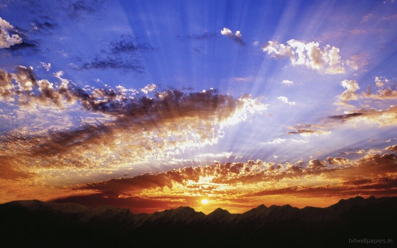 Mountain Range at Sunset — Blue, Dramatic, Photograph, Sun, Clouds, Sky