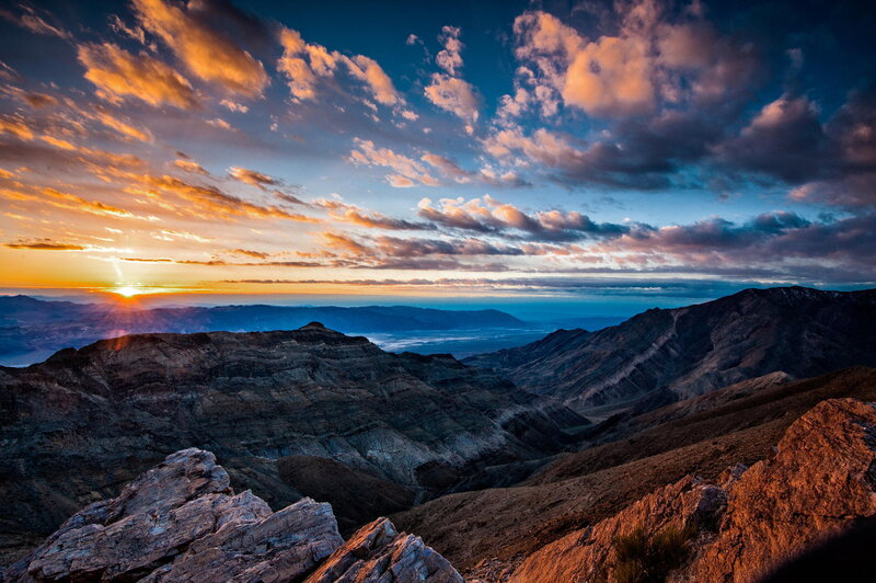 Mountain Range at Sunset — Blue, Dramatic, Photograph, Sun, Clouds