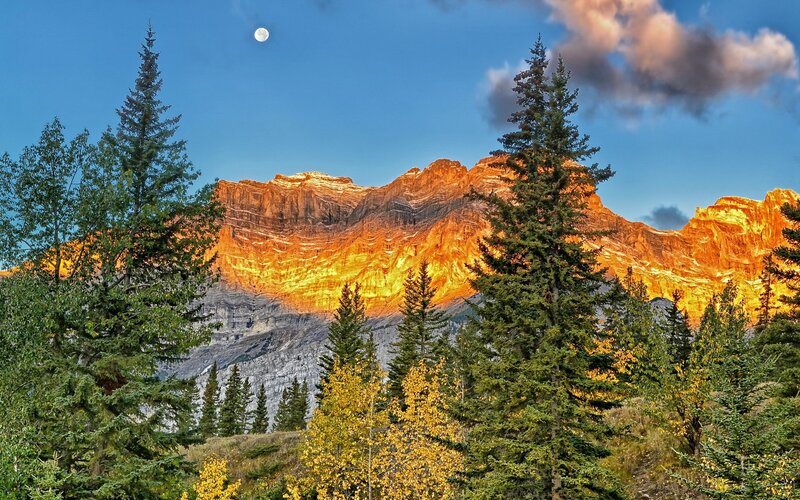 Mountain Range at Sunset — Blue, Dramatic, Photograph, Trees, Moon