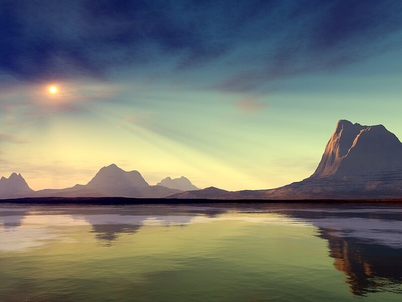 Mountain Range at Sunset — Blue, Serene, Digital Art, Sun