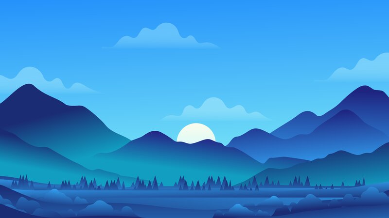 Mountain Range at Sunset — Blue, Serene, Digital Art