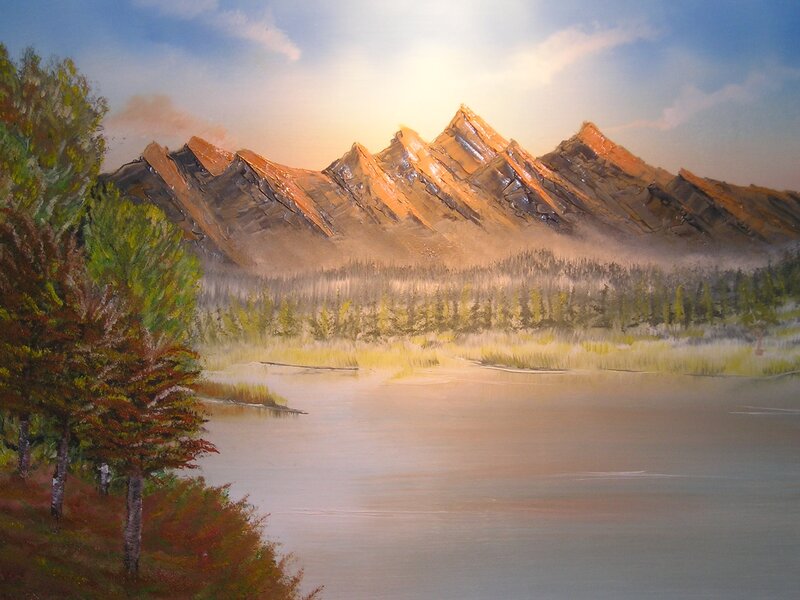 Mountain Range at Sunset — Blue, Serene, Painting
