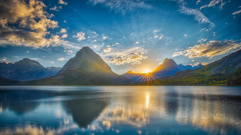 Mountain Range at Sunset — Blue, Serene, Photograph, Lake, Sun