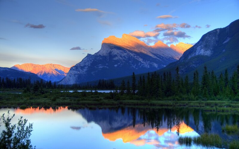 Mountain Range at Sunset — Blue, Serene, Photograph, Lake, Trees