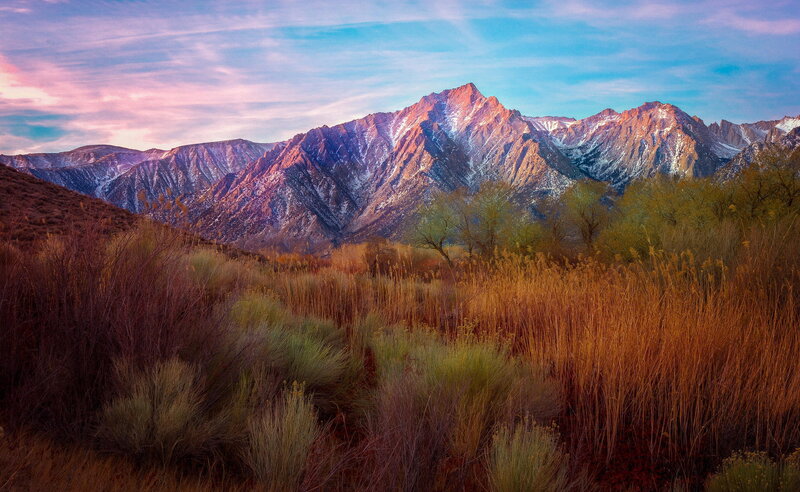 Mountain Range at Sunset — Blue, Serene, Photograph, Mountains, Grass