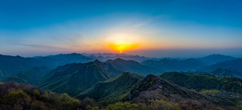 Mountain Range at Sunset — Blue, Serene, Photograph, Sun