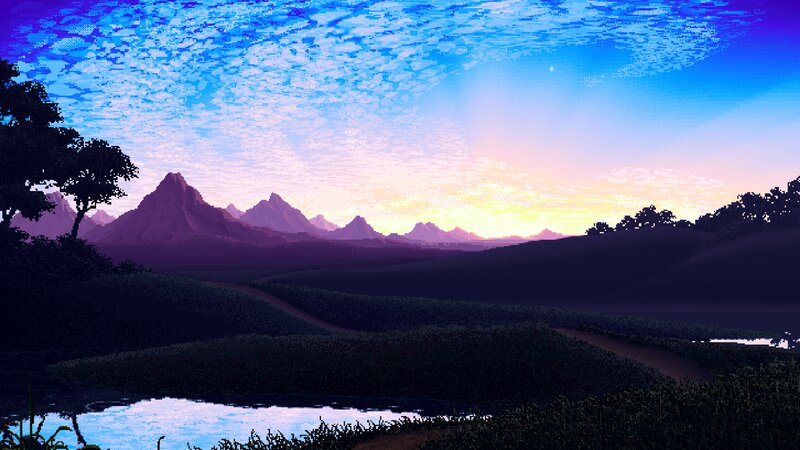 Mountain Range at Sunset — Blue, Serene, Pixel Art