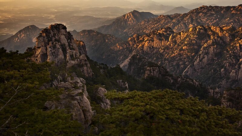 Mountain Range at Sunset — Brown, Serene, Photograph, Rocks, Trees