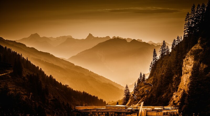 Mountain Range at Sunset — Brown, Serene, Photograph