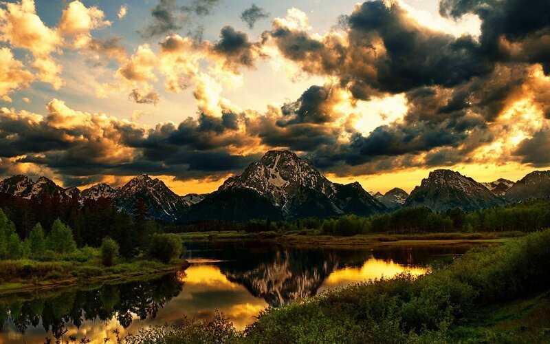Mountain Range at Sunset — Gold, Dramatic, Photograph, Clouds, River