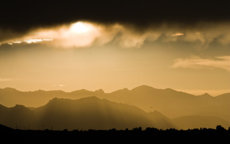 Mountain Range at Sunset — Gold, Dramatic, Photograph, Clouds, Sunlight