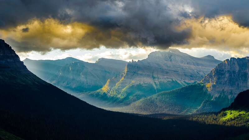 Mountain Range at Sunset — Gray, Dramatic, Photograph, Clouds, Forests