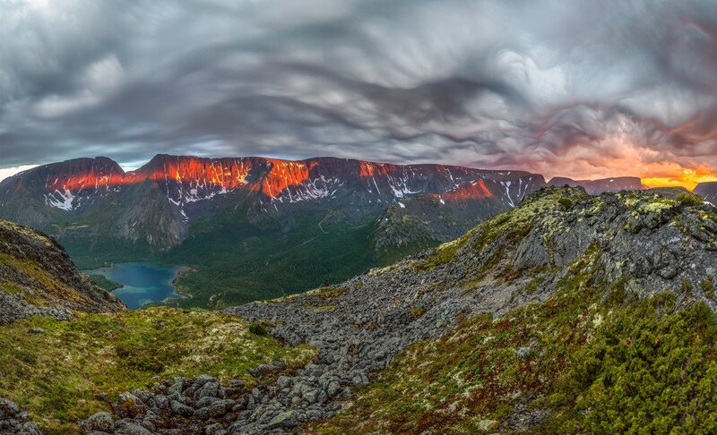 Mountain Range at Sunset — Gray, Dramatic, Photograph, Clouds, Lake