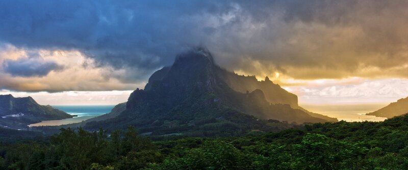 Mountain Range at Sunset — Green, Dramatic, Photograph, Clouds, Ocean