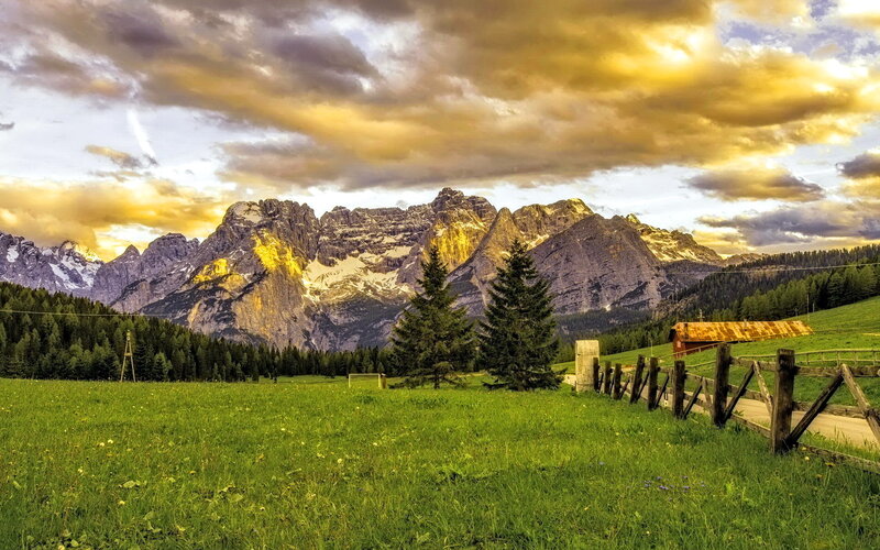Mountain Range at Sunset — Green, Dramatic, Photograph, Grass Field