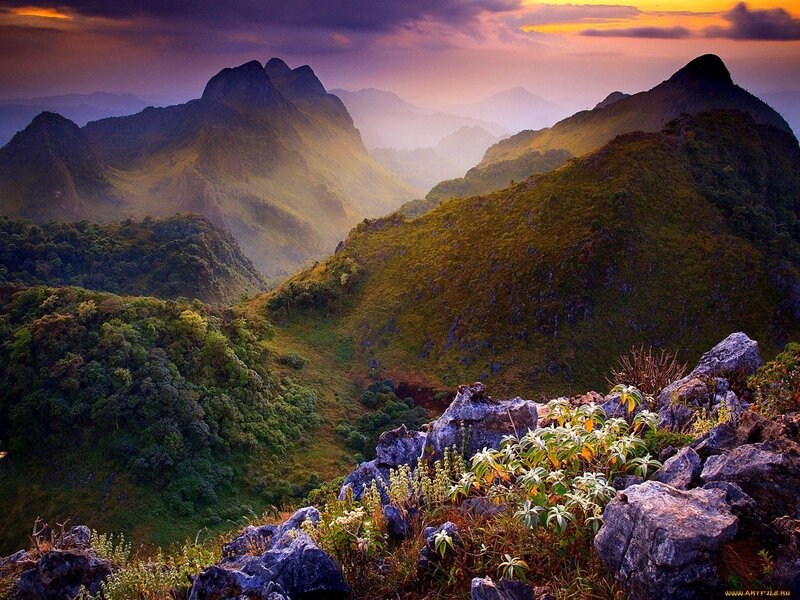 Mountain Range at Sunset — Green, Dramatic, Photograph, Rocks
