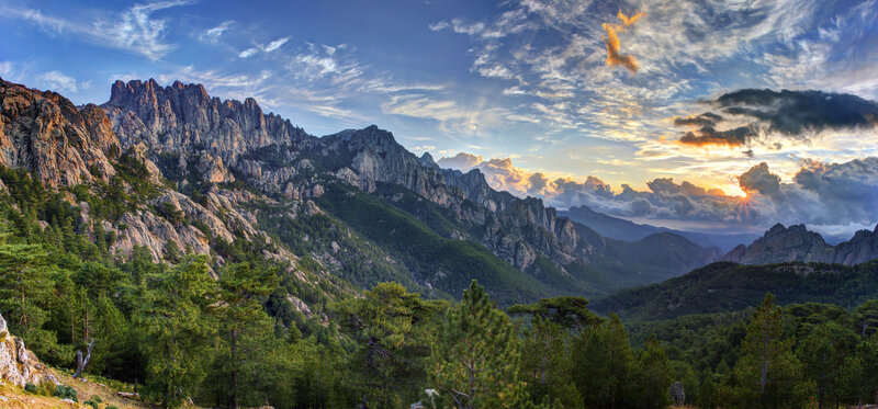 Mountain Range at Sunset — Green, Dramatic, Photograph, Trees