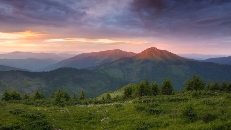 Mountain Range at Sunset — Green, Serene, Photograph, Clouds