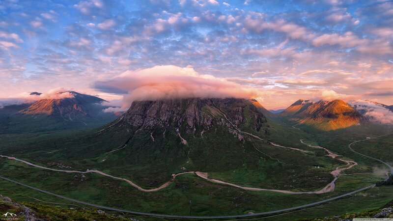 Mountain Range at Sunset — Green, Serene, Photograph, Clouds, Valley