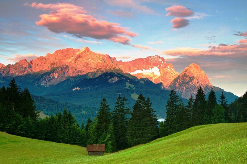 Mountain Range at Sunset — Green, Serene, Photograph, Forest, Grass Field