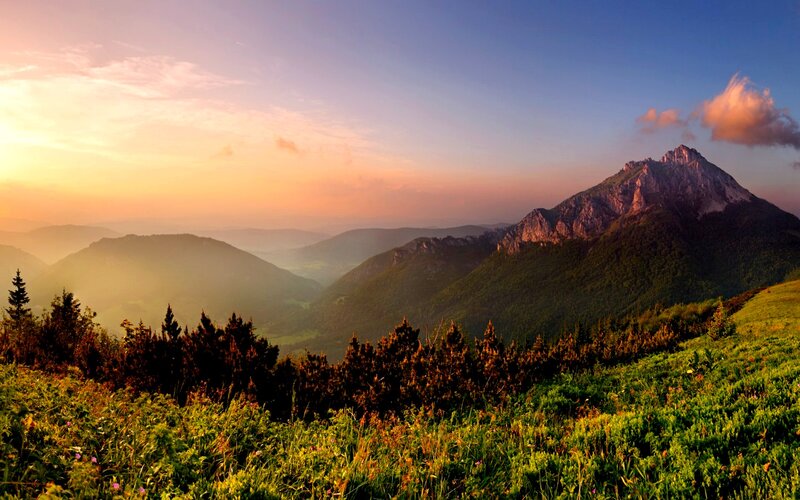 Mountain Range at Sunset — Green, Serene, Photograph, Mountains