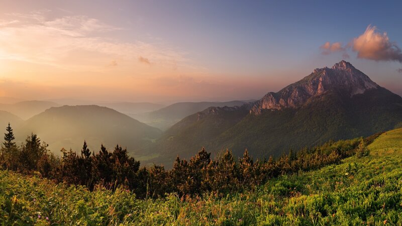 Mountain Range at Sunset — Green, Serene, Photograph, Sky