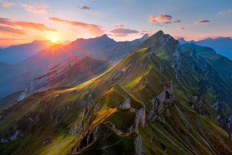 Mountain Range at Sunset — Green, Serene, Photograph, Sun