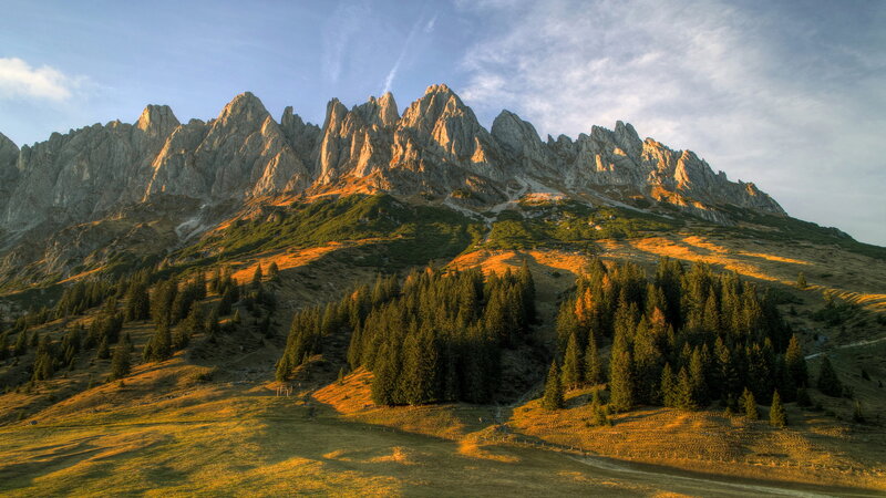 Mountain Range at Sunset — Green, Serene, Photograph, Trees, Grass