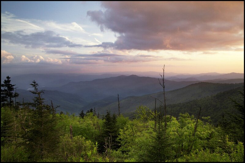 Mountain Range at Sunset — Green, Serene, Photograph, Trees
