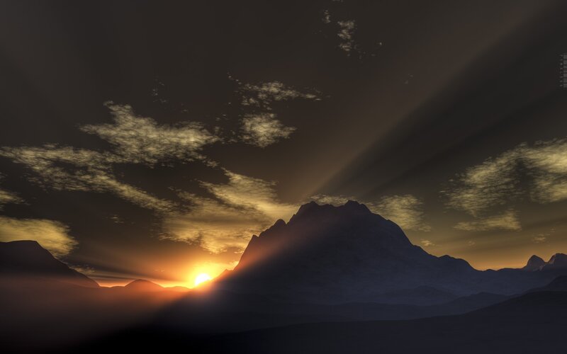Mountain Range at Sunset — Orange, Dramatic, 3d Render, Sun, Clouds, Mountains, Black