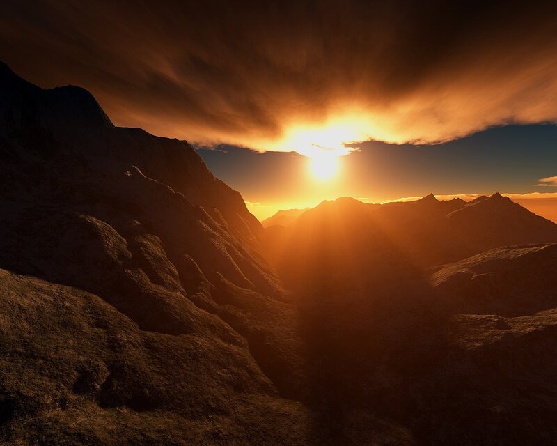 Mountain Range at Sunset — Orange, Dramatic, 3d Render, Sun, Clouds