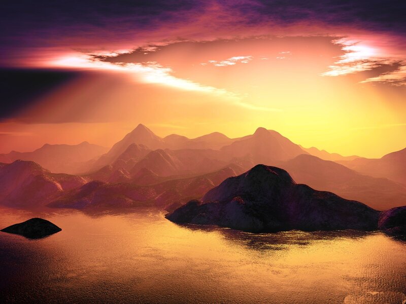 Mountain Range at Sunset — Orange, Dramatic, Digital Art, Mountains