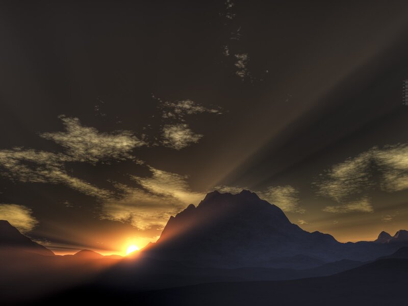 Mountain Range at Sunset — Orange, Dramatic, Digital Art, Sun, Clouds, Rays
