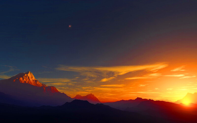 Mountain Range at Sunset — Orange, Dramatic, Digital Art, Sun, Clouds