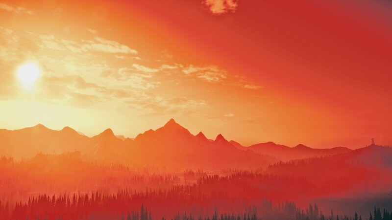 Mountain Range at Sunset — Orange, Dramatic, Digital Art, Sun, Forest