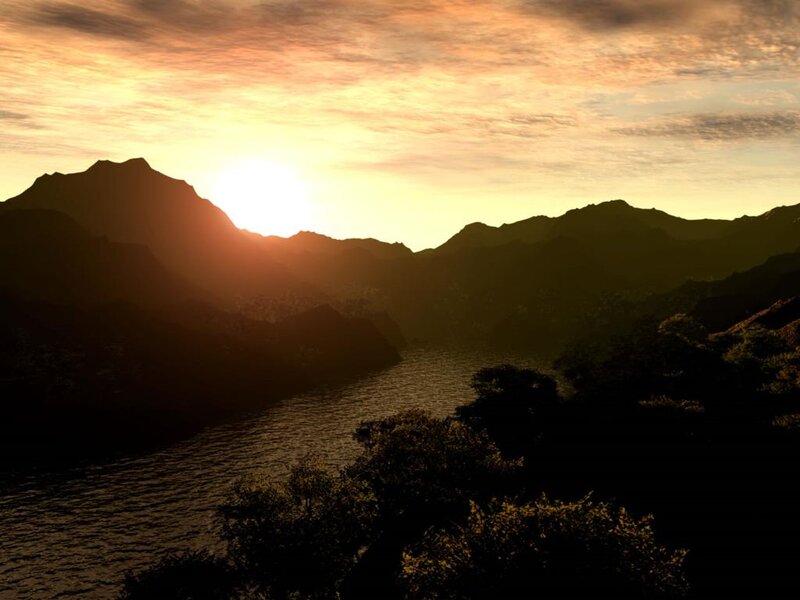 Mountain Range at Sunset — Orange, Dramatic, Digital Art, Sun, River