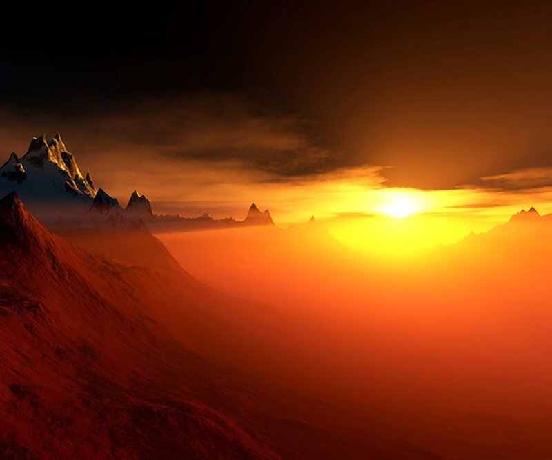 Mountain Range at Sunset — Orange, Dramatic, Digital Art, Sun, Sky, Clouds