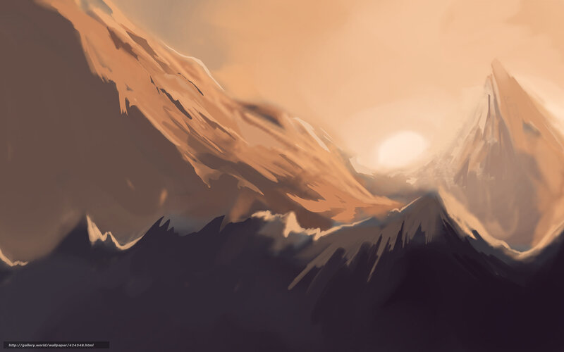 Mountain Range at Sunset — Orange, Dramatic, Digital Art, Sun, Sky, Peaks
