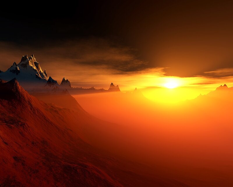 Mountain Range at Sunset — Orange, Dramatic, Digital Art, Sun, Sky