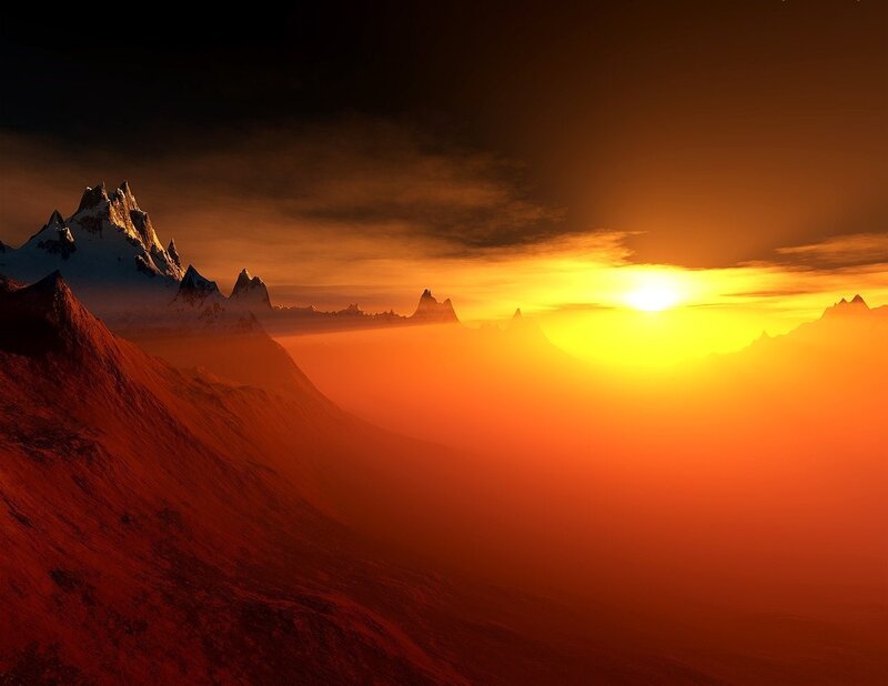 Mountain Range at Sunset — Orange, Dramatic, Digital Art, Sun