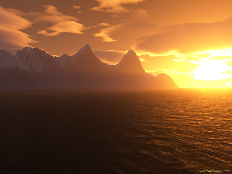 Mountain Range at Sunset — Orange, Dramatic, Digital Art