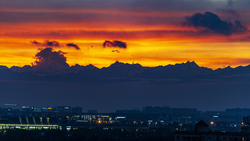 Mountain Range at Sunset — Orange, Dramatic, Photograph, City